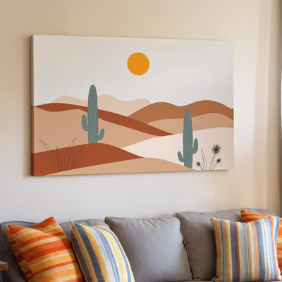Toile, "Un paysage de désert minimaliste avec deux grands cactus dans l'art mural au premier plan"