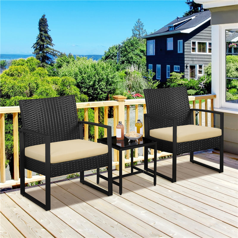 Ensemble de meubles de patio 3 pièces Bowmore avec chaises rembourrées en rotin et table en métal, Kaki