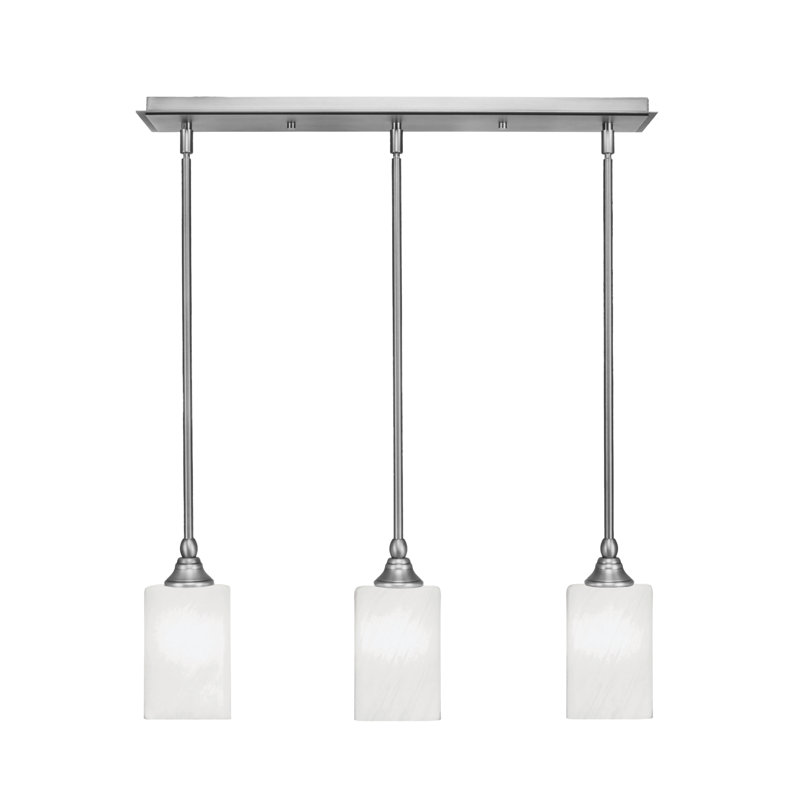 3 Light Stem Hung Linear Pendalier Shown With 4" Glass, White Marble, 8" H x 24.25" W x 4" D, Brushed Nickel