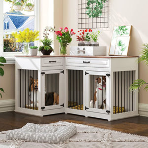 Large Corner Dog Crate Furniture For 2 Dogs With 2 Drawers