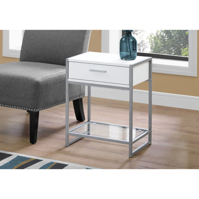 Table de chevet compacte avec stratifié blanc, métal gris et compartiment de rangement pour chambre à coucher moderne