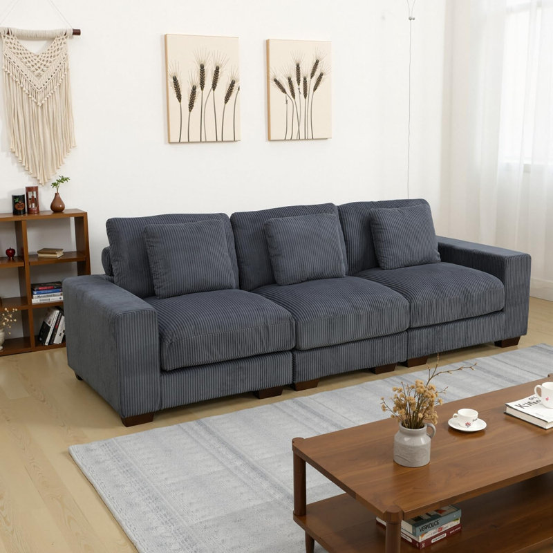 98"W Corduroy Living Room Sofa, Gray