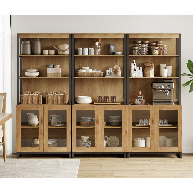 3 PCS Modern 72" Sideboard With Glass Doors And Adjustable Shelves, Multifunctional Buffet Cabinet With Storage And Open Shelves For Dining Room Or Kitchen