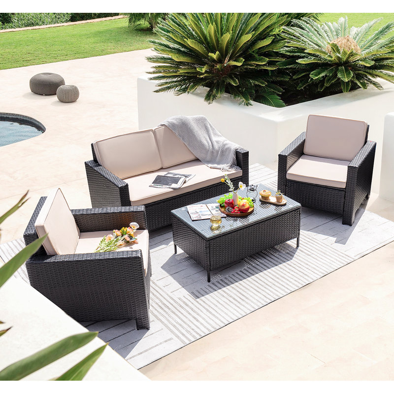 Ensemble de conversation en osier / rotin pour 4 personnes avec coussins Aveah, Brun, Beige
