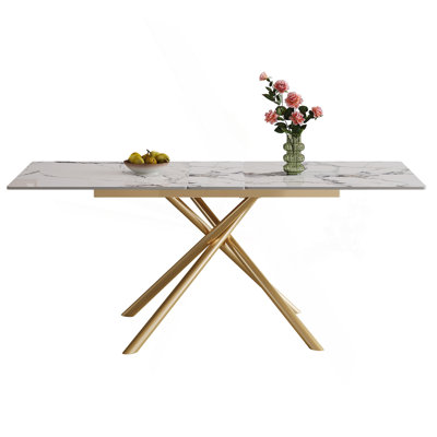 59-Inch Modern Rectangle Expandable Dining Table With Retractable Leaf, Sintered Stone Top & Carbon Steel X-Base, Sturdy 4-6 Person Table For Small Apartments, Kitchen, Dining Room