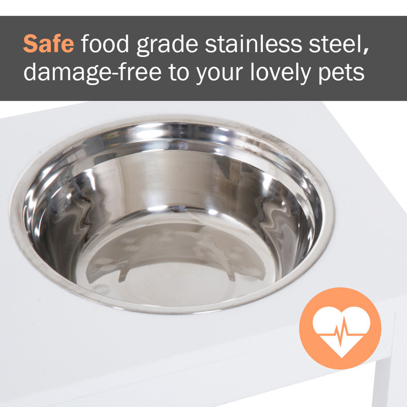 White Elevated Wooden Pet Feeding Station with Stainless Steel Bowls