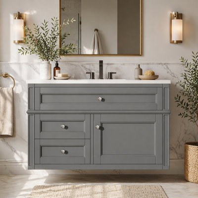 36'' Wall Mounted Bathroom Vanity, Floating Bathroom Storage Cabinet with 2 Drawers, 1 Tip-out Drawer, 3 Holes Single Ceramic Sink, Modern Cabinet.