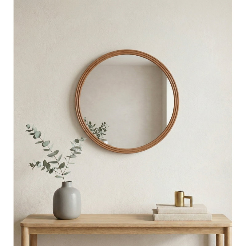 Adelina 30-Inch Round Wood Frame Wall Mirror, Brown