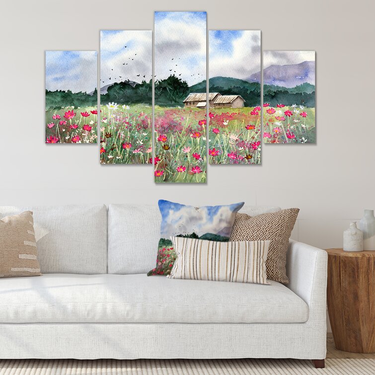 DesignArt Landscape With A Field Of White And Pink Flowers On Canvas 5 ...