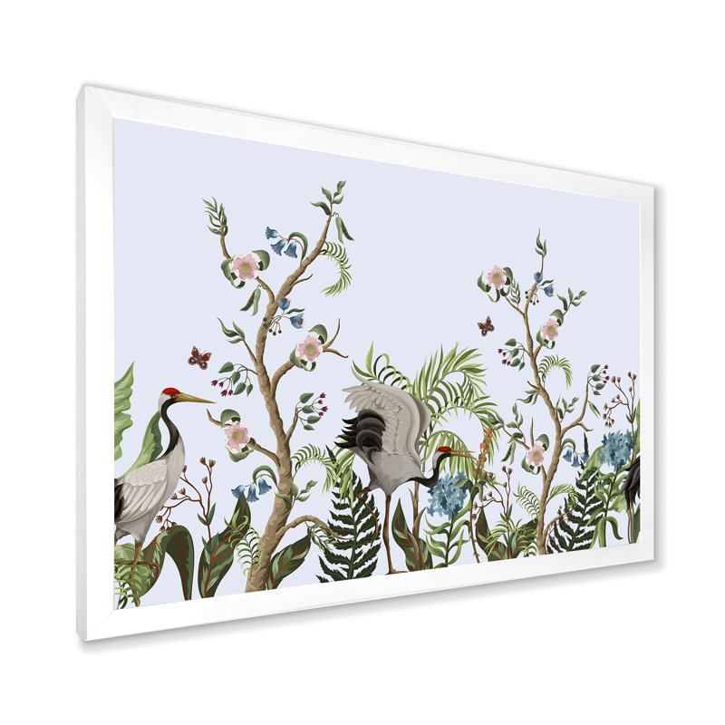 Bordure avec grues et pivoines dans un style chinois - peinture sur toile, H 30 po x l 40 po x 1,5 po, Cadre photo blanc