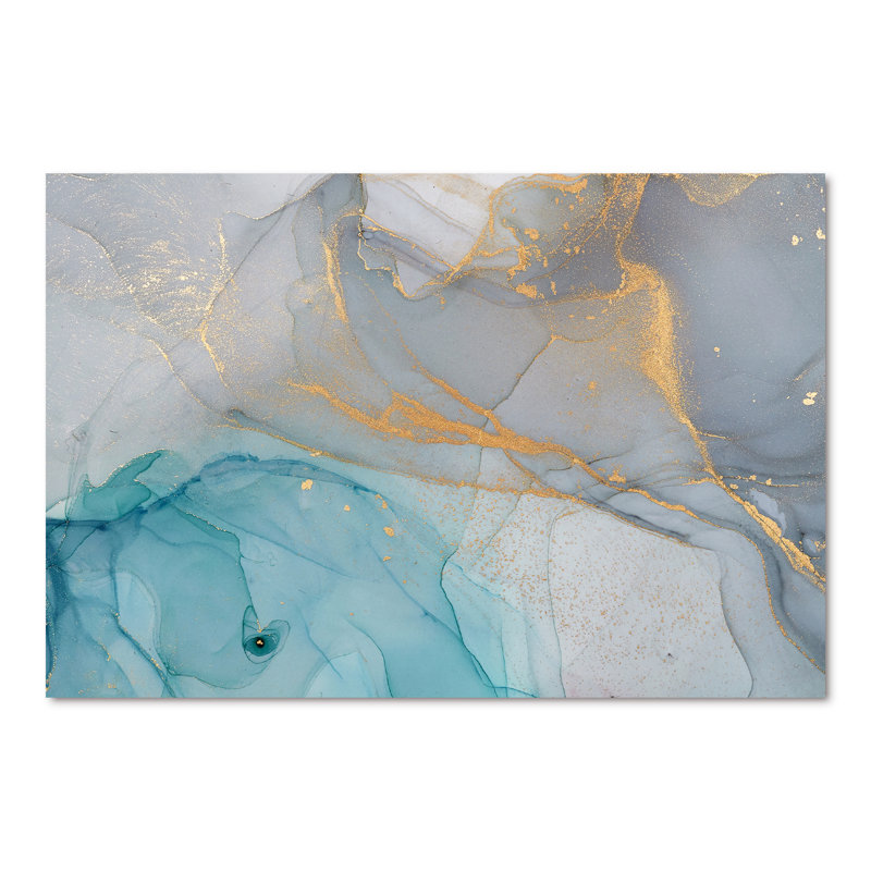 Encre liquide turquoise et bleue - Peinture sur toile, H 40 po x l 60 po, Toile tendue, Sans cadre