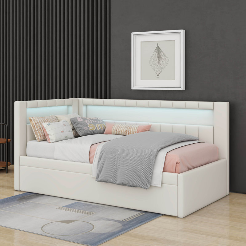 Lit plateforme simple tapissier avec ports USB et lit gigogne, Blanc