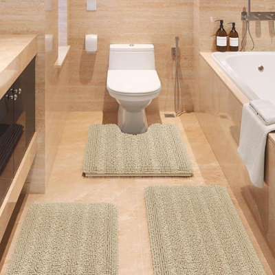 Ensemble de tapis de salle de bain rayé noir ultra doux et antidérapant en chenille pour salle de bain 3 pièces