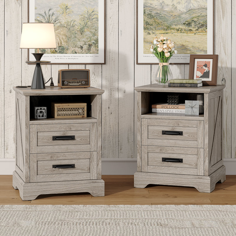 Farmhouse Nightstand with Charging Station, 2 Drawers Bed Side Table, 18 inch Wide End Table for Bedroom, Living Room, Gray