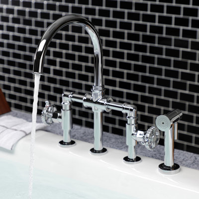 Kingston Brass Fuller Two-Handle 4-Hole Deck Mount Industrial Style Bridge Kitchen Faucet with Side Sprayer