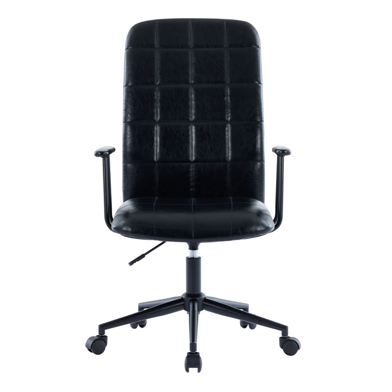 Chaise de bureau noire en cuir polyuréthane à haut dossier - pivotante, vérin à gaz réglable, accoudoirs, Noir antique