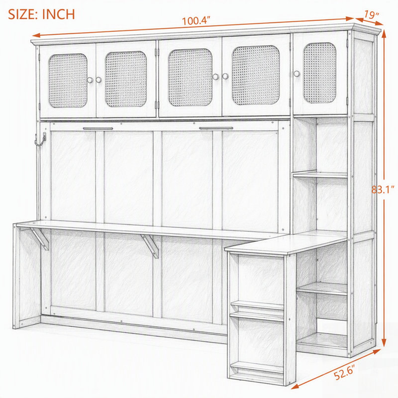 Lit escamotable avec bureau intégré et rangements en rotin, lit mural gain de place pour bureau à domicile et chambres d'amis
