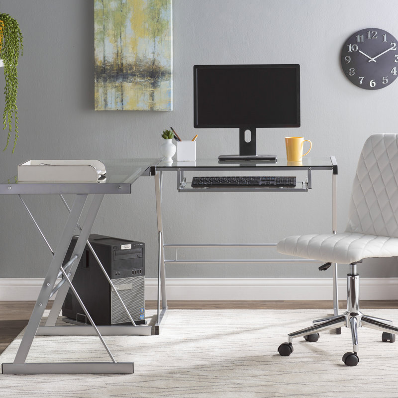 L-Shaped Glass Top Computer Desk, Clear/Silver