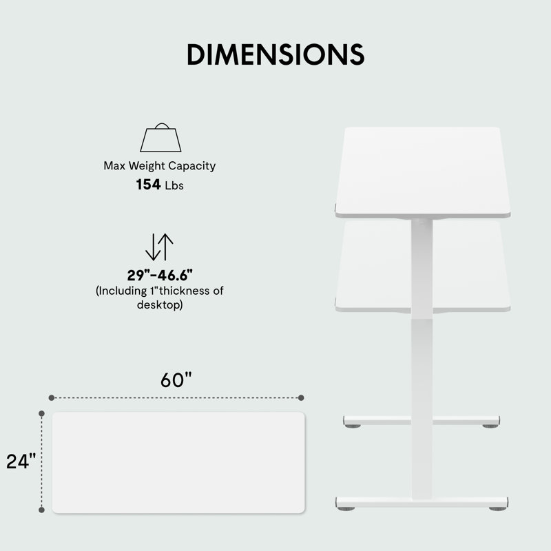Baysenie 55"/60" Width Home Office Height Adjustable Standing Desk, White, White, 29" H x 60" W x 24" D