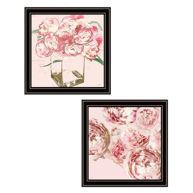 "Ensemble de deux pivoines", impression encadrée, Cadre d'angle fermé en bois massif noir