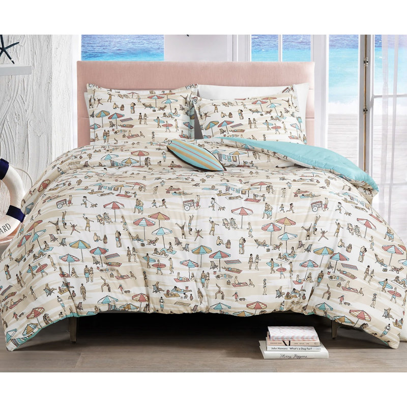 Ensemble de literie brodée beige et bleu, Édredon grand + 2 taies décoratives grand + 1 co