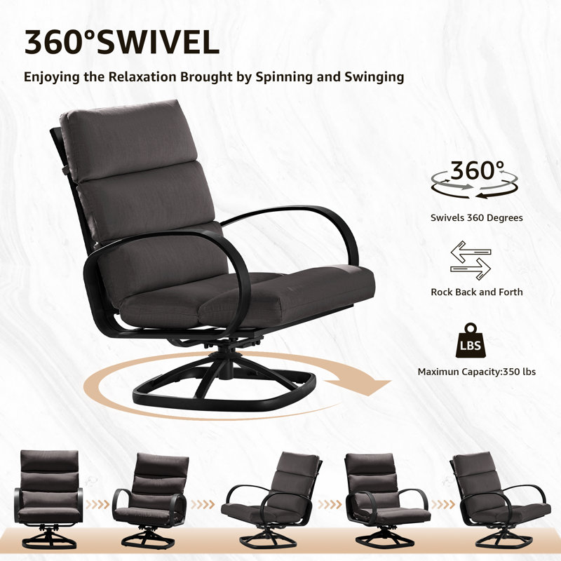 Seating Group, Swivel Rocking Chair with 5" Olefin Cushions, Dark Gray Cushion/Black Frame, 3 Pcs: Table, 2 Chairs