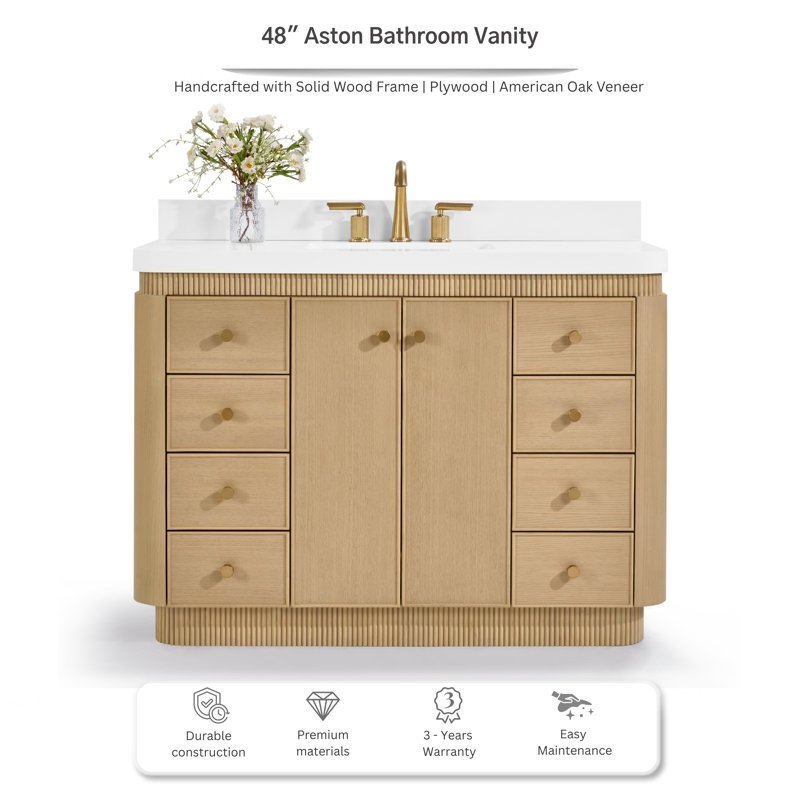 Aston 48" Bath Vanity Set in American Oak Finish with Alpine White Quartz Top, 48 inch, Natural Oak