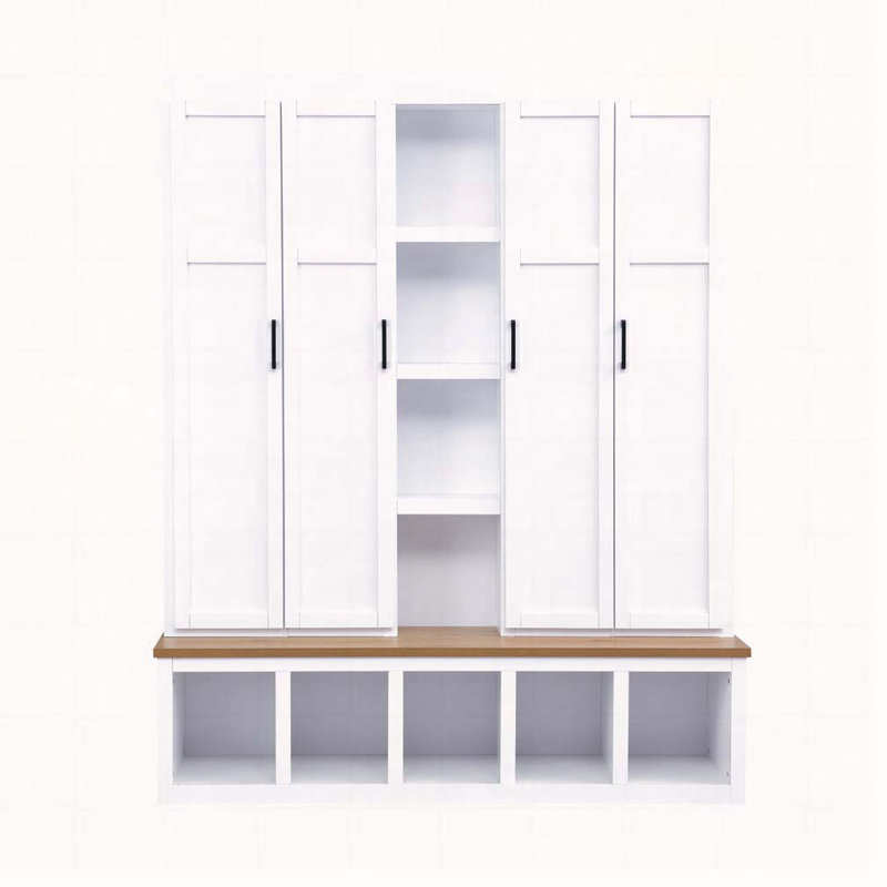 62.9"Wide Farmhouse Hall Tree with 6 Hooks, Open Compartments, Entryway Shoe Cabinet with Seating Bench for Living Room, Hallway
