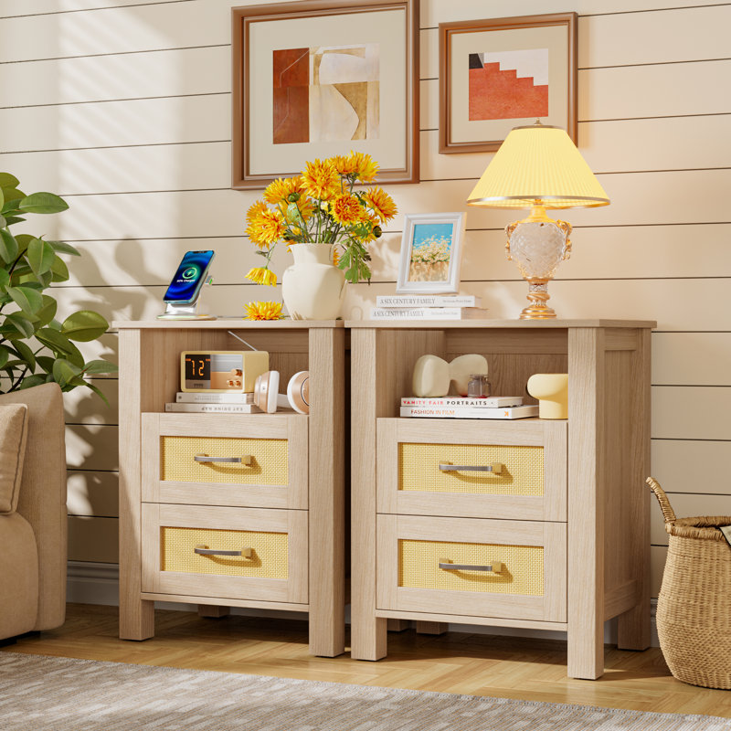 Nightstands With Charging Station - 2 Rattan Drawers, 3-tier Design, Usb/type-c Ports (set Of 2 Or Single), Set of 2, Beige