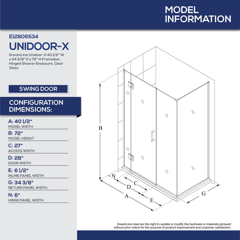 Unidoor-X 40.5" x 72" Hinged Shower Enclosure, Matte Black
