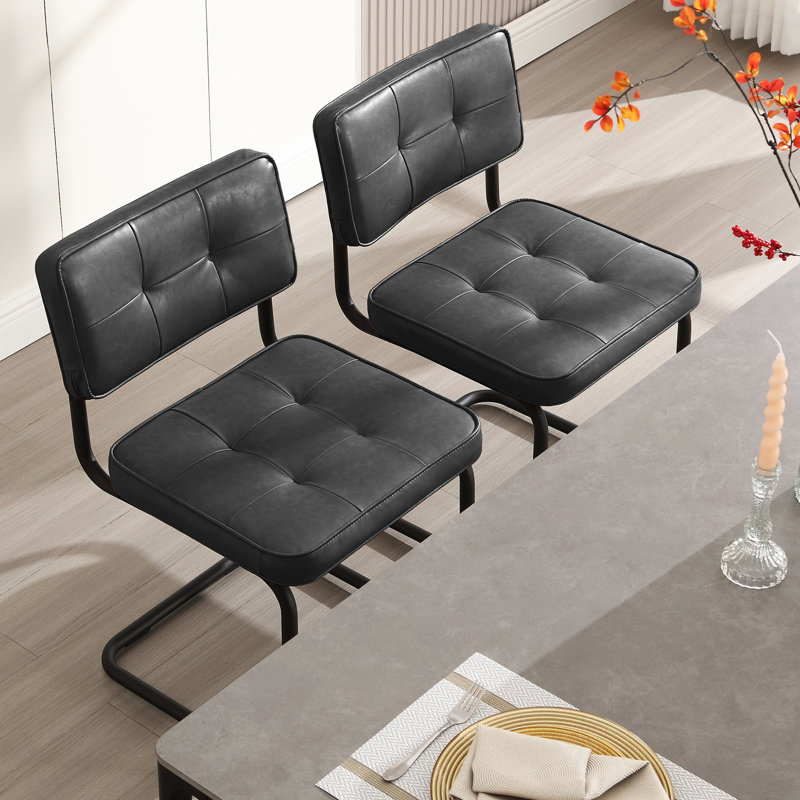 Aveon 49cm H Mid-Century Modern Tufted Faux Leather Side Dining Chair with Steel Frame(Set of 2), Black