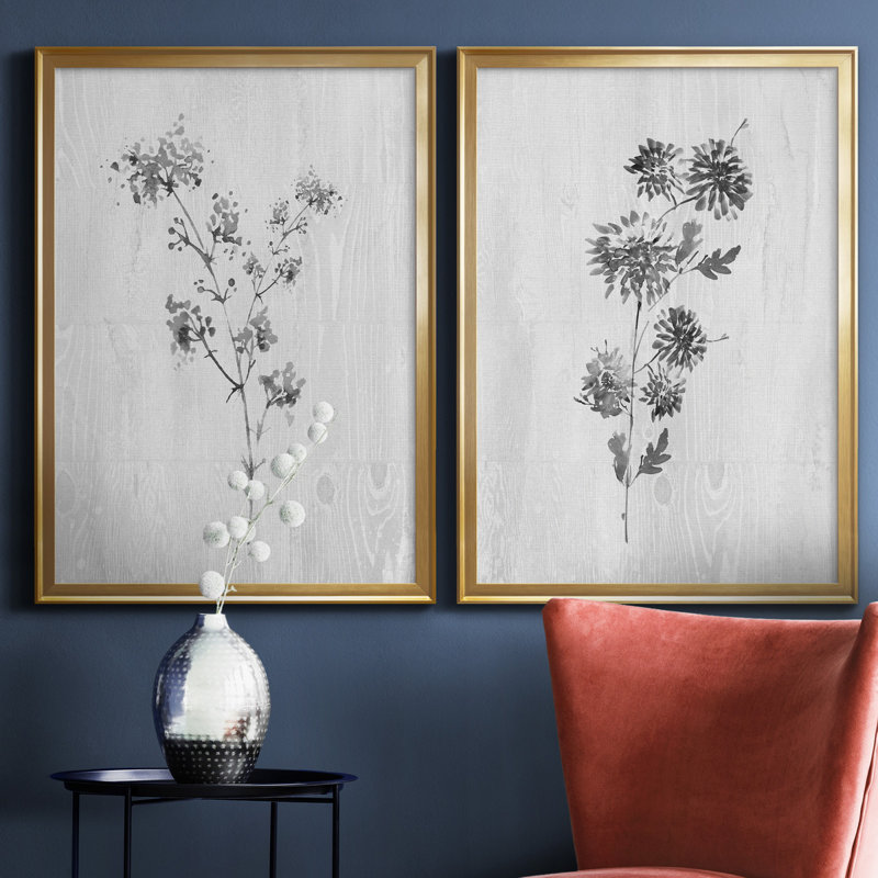 Neutral Meadow I - ensemble de 2 reproductions d'art, Toile encadrée dorée, Pas de tapis, H 26,5 po x l 73 po x P 1,5 po