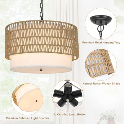 Farmhouse Chandeliers For Dining Room,5-Light Rattan Boho Chandelier Light Fixture With Fabric Shade,Hand Woven Large Rattan Dining Room Light Fixture For Kitchen Bedroom Island Hallway