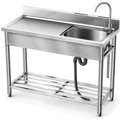 Évier utilitaire autoportant de 49 po en acier inoxydable avec robinet chaud / froid, égouttoir, lavabos parfaits pour la lessive, la cuisine, le garage, la cour