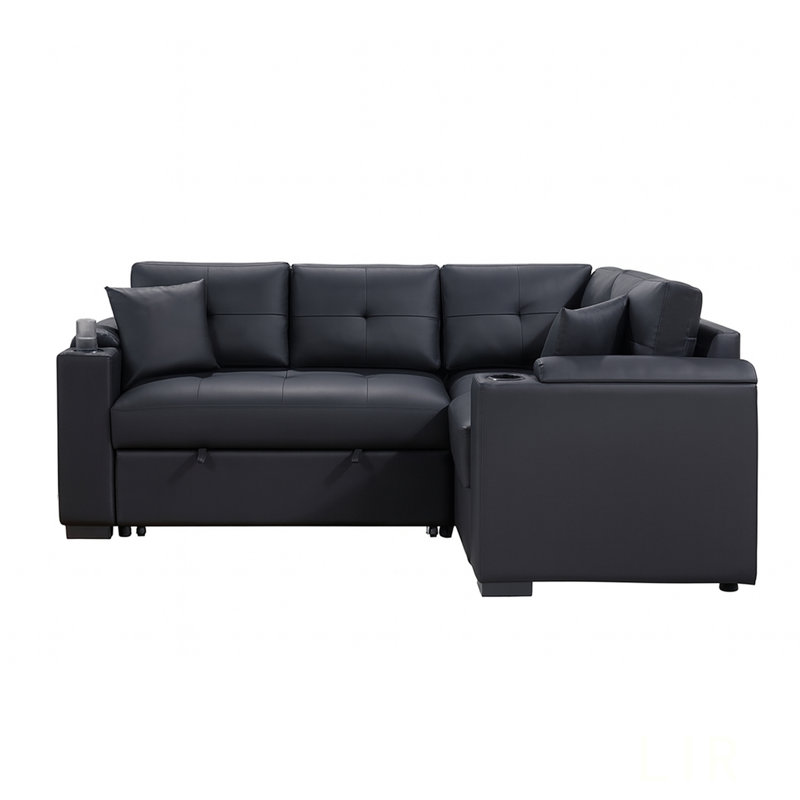 84.5"W Black PVC Fabric Sleeper Sectional With USB Charger, Cupholders, Storage Arms