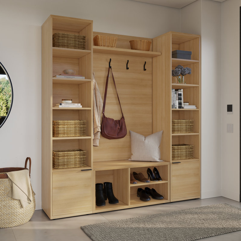 Porto Entryway Wall-Mounted Coat Rack with Shelf with Storage Bench and 2 Storage Towers, Beige