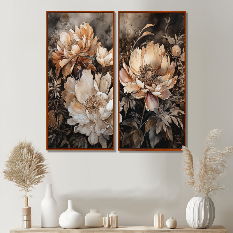 Art mural sur toile crème pivoines brunes - grandes pivoines, 40" H x 40" W, Framed Print without Mat, Brown
