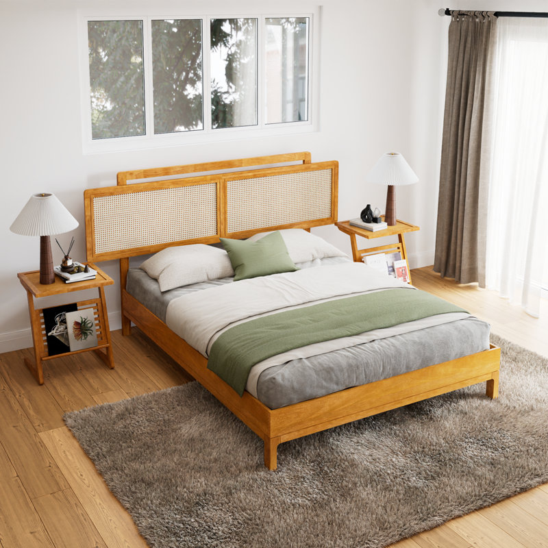 Structure de lit Neil avec tête de lit en bois d'hévéa et en rotin - design minimaliste élégant japonais, fabrication robuste, assemblage facile - grand, brun teck