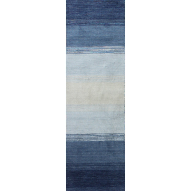 Handmade Blue and Ivory Wool Striped Runner Rug