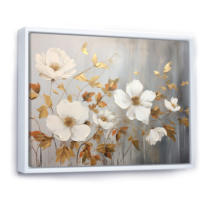 Transitions florales beiges et dorées, sérénité sur toile, Cadre flottant blanc, H 24 po x l 32 po x P 1 po