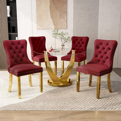 47.2" Modern Round Glass Dining Table Set for 4, Tempered Glass Table With 4 Upholstered Velvet Chairs, for Kitchen & Living Room