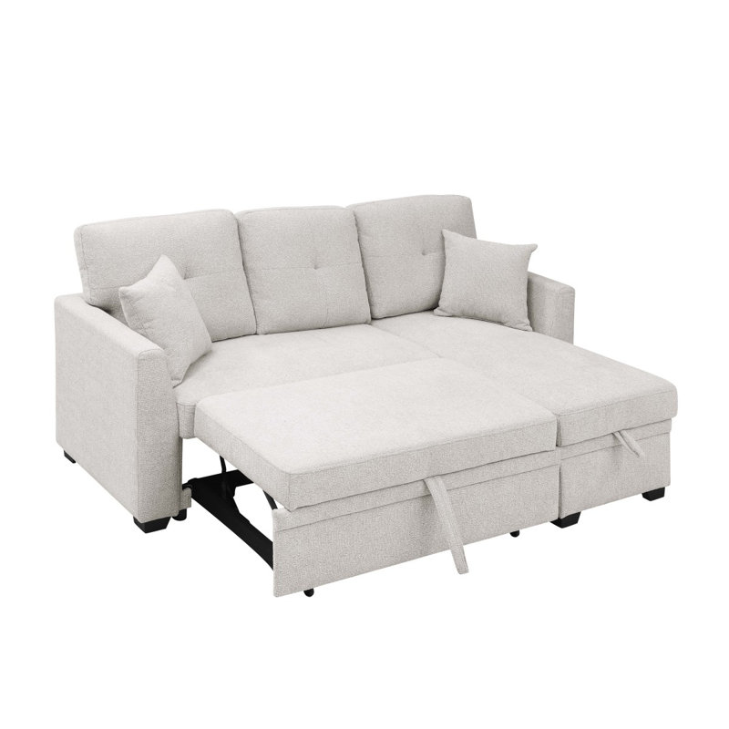 76.5" Linen Blend Upholstered Sectional With Pullout Bed And Chaise Storage, Beige