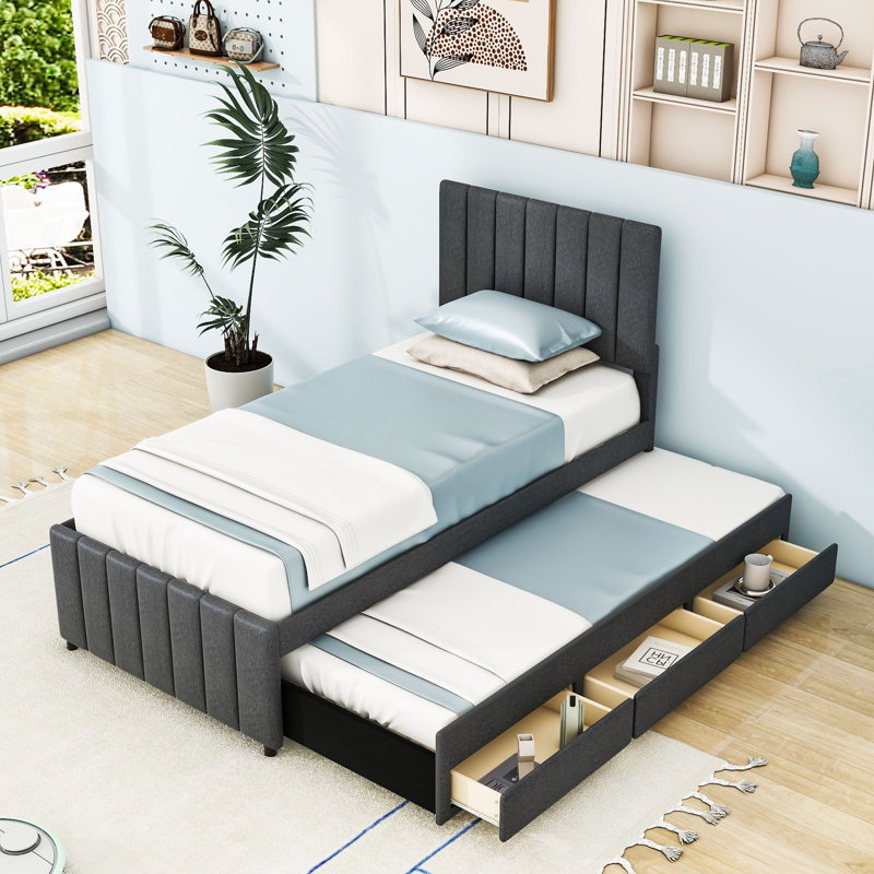 Upholstered Platform Bed with Twin Trundle and 3 Storage Drawers, Gris, Simple