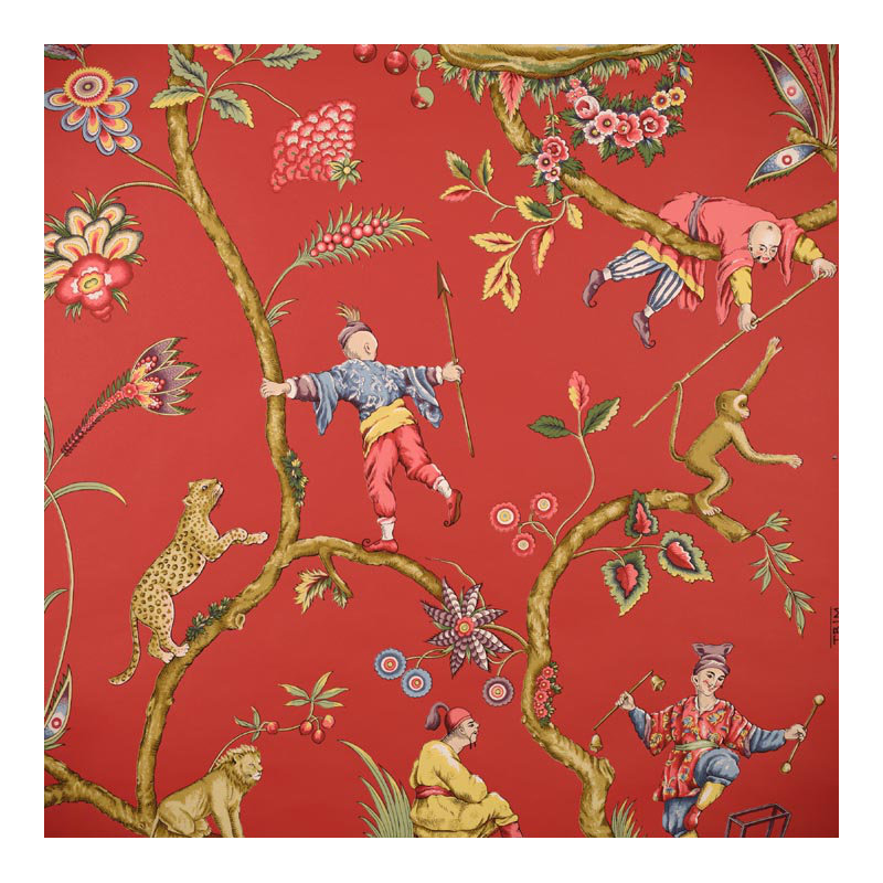 Chinoise Exotique Floral Wallpaper Roll, Tomato