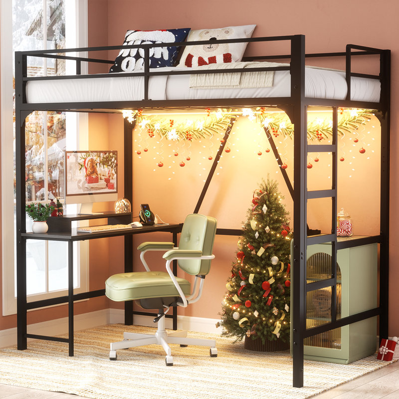 Loft Bed Twin Size with Desk, Power Outlet and LED Lights