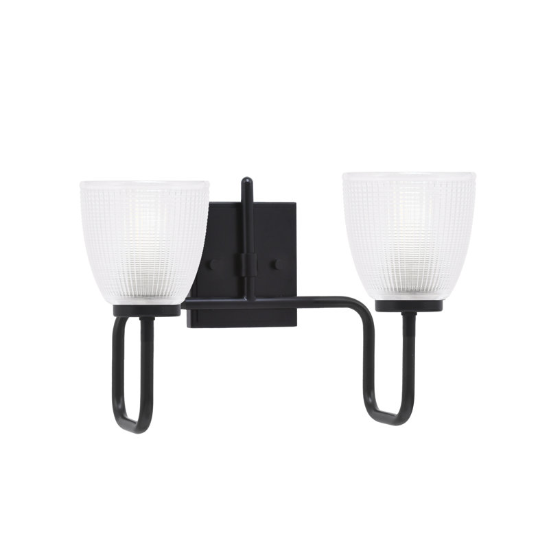 Barre d'éclairage de salle de bain 2 lumières Amarmula, finition noir mat, verre côtelé transparent de 5 po