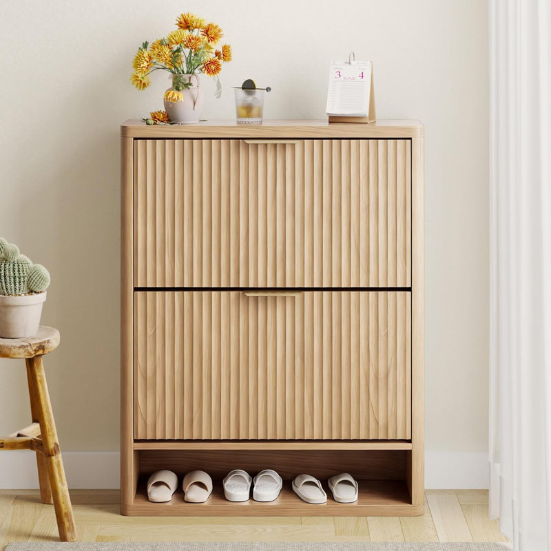 Fluted Shoe Storage Cabinet For Entryway With 2 Flip Drawers,wooden Enclosed Thin Todorka With Metal Handles And Anti Tipping Devicesuitable For Living Rooms,entrances