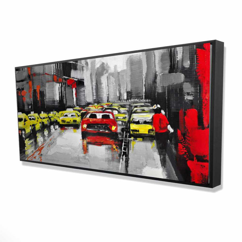 Abstract Traffic by a Rainy Day - Gray Scenic Framed Canvas