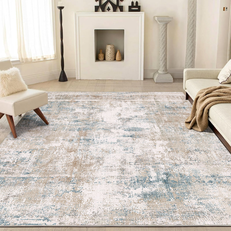 Tapis Elroy moderne abstrait lavable à la machine avec envers en caoutchouc antidérapant, Bleu beige, Rectangle 6 pi x 9 pi