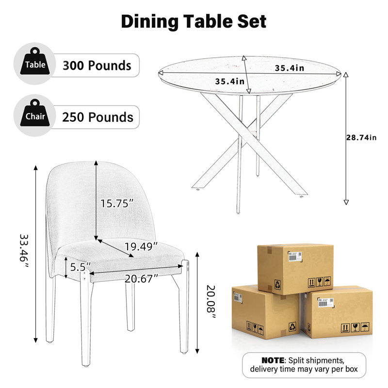 Ensemble de salle à manger rond 35,4 po, table à pieds croisés modernes et 2 chaises rembourrées en tissu pour les petits espaces, cuisine